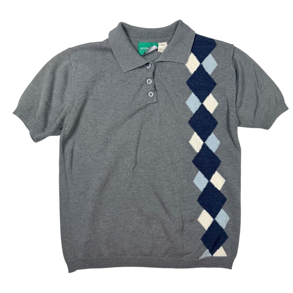 Liz Claiborne LizGolf 90's Vintage Polo Sweater Womens M Grey Good Argyle - Picture 1 of 11